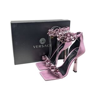 Versace Runway Glitter Pink Chain Medusa Charm Leather Sandal Heels Size EU 38.5